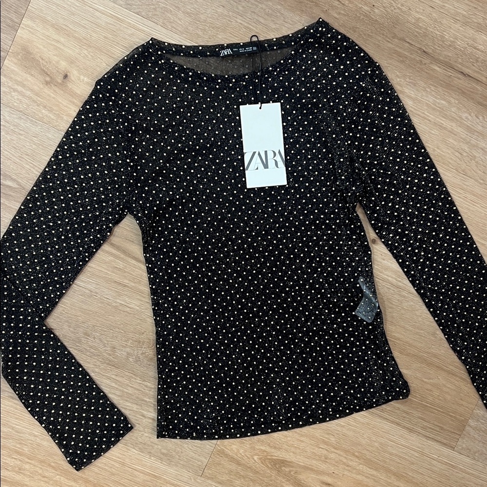 Zara Black and Gold Polka Dot Long Sleeve Sheer top
